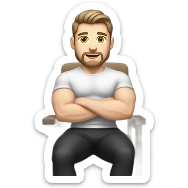 Pale skinned Fit Man With the biceps and dark brown hair in black shirt, gray sports shorts and white Sneakers Sitting on a chair sticker