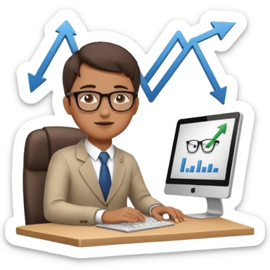 A person sitting at a desk working on a computer with upward arrows and percentage signs, suggesting digital sales, marketing, or outreach. sticker