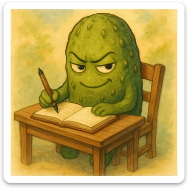 Make the pickle look suspicious while writing in a notepad, keeping the Ghibli style. sticker
