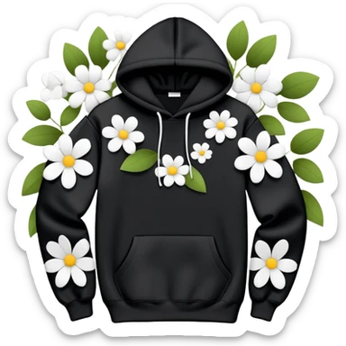 "Design a black hoodie adorned with scattered, medium-sized black and white flowers. Each flower should consist of a bold, thick white ring forming the petals, with a completely hollow center, creating an open, circular look. The flowers should have an irregular, asymmetrical shape and be evenly distributed across the hoodie, including the sleeves and hood. Keep the design minimalistic—no detailed petals, shading, or filled centers, just simple, bold, hollow ring-like floral patterns." sticker
