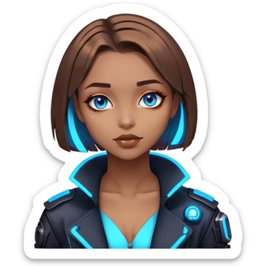 neon cyberpunk style 
girl with brown bob hair and blue eyes flirts sticker