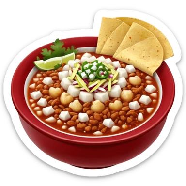 A delicious hot bowl of pozole rojo emoji. Steam rising. Hominy visible. Place the sides next to the bowl: chopped onions, shredded cabbage, lime wedges, red chile de arbol salsa, and full round tostadas sticker