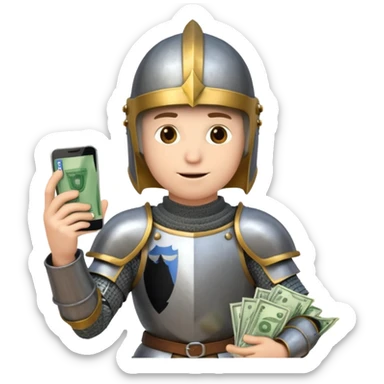 Knight with helmet holding phone and money sticker