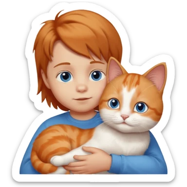 Baby boy with light brown hair and big blue eyes with one eyelashes, petting a fluffy orange and white cat sticker