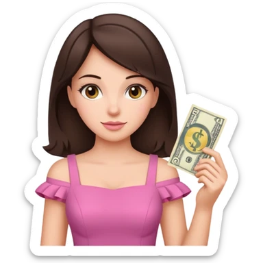 brunet Woman wearing pink dress holding dolar sticker