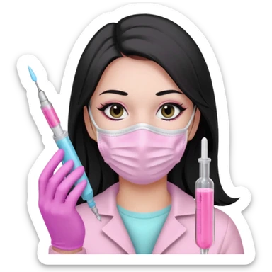 laboratorista con guantes rosa pastel y mascarilla rosa pastel jeringa tubo laboratorio sin lentes pelo lacio negro y largo ojos negro cabello largo sticker