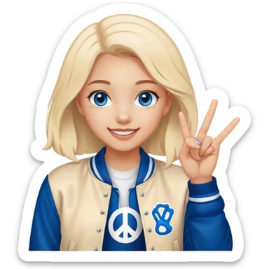 smiling girl in letterman jacket Blue eyes peace  sticker