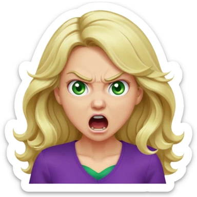 lady with long wavy blonde hair, purple top, green eyes, shouting and looking very angry sticker