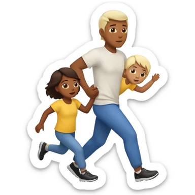Three charater: a child running to return from the hug of a white father back to his yellow mother sticker