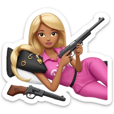 Brown skin blonde hair barbie laying in bed holding a black gun sticker