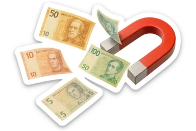 cinque banconote fluttuano in aria attratte da una calamita rossa, iperrealistica 4k, isolato su sfondo bianco sticker