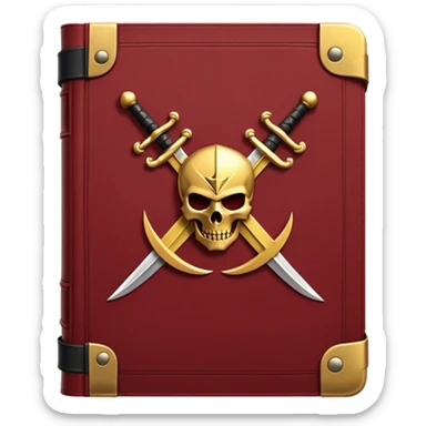 A dark crimson red book with black and gold details, a rugged leather texture, and an emblem of crossed swords, a knight chess piece, or a battle flag, radiating strategy, discipline, and the art of power sticker