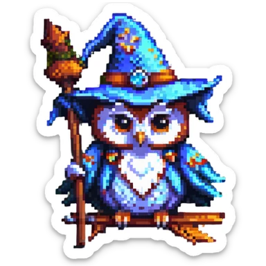 pixel art owl with a wizard hat, flying on a broomstick sticker