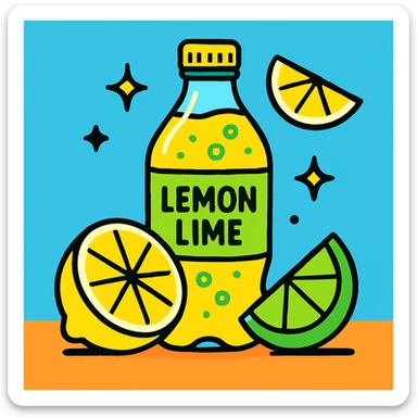 clean, vibrant color cartoon illustration of a bottle of lemon-lime soda with lemon and lime wedges, TikTok-inspired, minimal, bold, and modern sticker