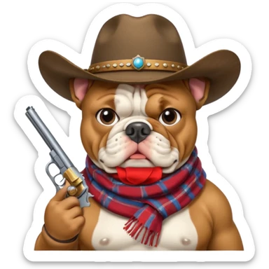 A bulldog wearing a cowboy hat, covering his mouth with a scarf so he wouldn't be recognized, pointing a revolver at you, telling you to hand over your money. sticker