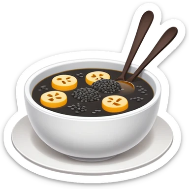 Black sesame soup sweet dessert in bowl, simplified emoji style with bold outlines and bright colors, cartoon style Zhi Ma Hu traditional Chinese treat sticker