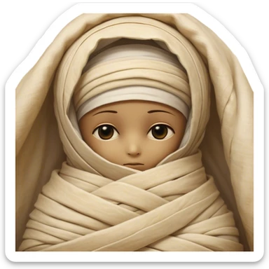 A snug, cozily wrapped mummy, fully encased in soft, slightly loose bandages, even its face gently hidden behind folds with only a tiny glimpse of sleepy eyes, nestled in warm, faded tones with gentle golden accents, simplified yet irresistibly charming, highly detailed with a soft glowing outline capturing the peaceful aura of an ancient being drifting into rest! sticker