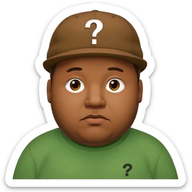 fat man with brown cap and green t shirt printeed a question mark sticker