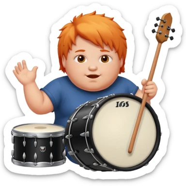 A chubby orange hair fan pounding a bass drum, cheeks puffing with energy. sticker