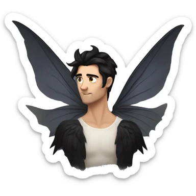 A male fae with black hair with large black wings sticker