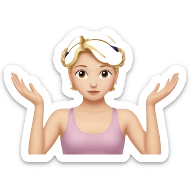 Cinematic Realistic pilates Girl Portrait, depicted with lifelike skin texture, subtle rosy undertones, and soft natural lighting that enhances the gentle contours of her face. Her intricately detailed golden blonde hair is elegantly styled in an updo, sticker