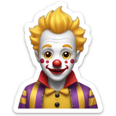 boy clown with yellow hair, white complexion with huge red cheeks, arched black eyebrows, and purple jacket sticker