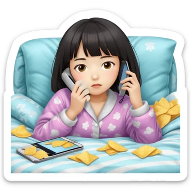 Cute East Asian girl, soft fair skin, straight bangs, messy inward bob. Wearing fluffy pajamas, lying on couch under blanket, holding chips and phone, expression blank and tired. sticker