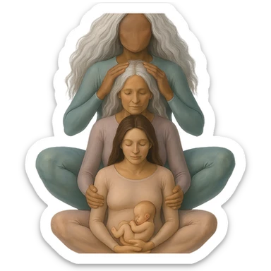 Variant: Several generations of women sitting one behind another as in the reference image, all wearing flesh-colored bodysuits. Realistic stylization with volumetric drawing, deep shadows and bright highlights, pastel palette including #98B5BC, #B5B3C1, #C9A3C9, #E4C0CA, #F7DCD1, #F7C0AA. Transparent background, no decoration. Composition and poses as in the reference. sticker