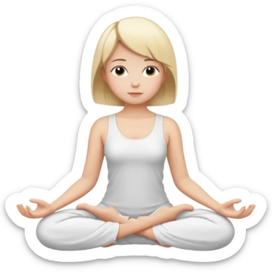 a blonde girl with a short haircut in a white dress sitting in a lotus position and meditating sticker