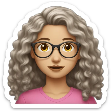 white girl with long dark curly hair and glasses in pink shirt sticker
