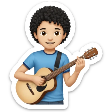 A boy with black fade curly hair Smiling and holdijg a guitar  sticker