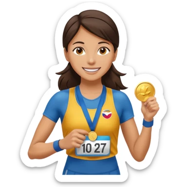 Beautiful brunette woman marathon runner receiving medal  sticker