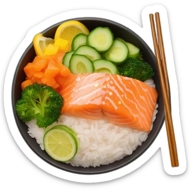 rice salmon pokebowl with veggies and chopsticks sticker