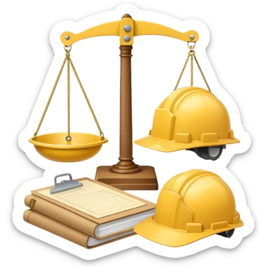 Image of a justice scale with a construction helmet on one side and a folder on the other. sticker