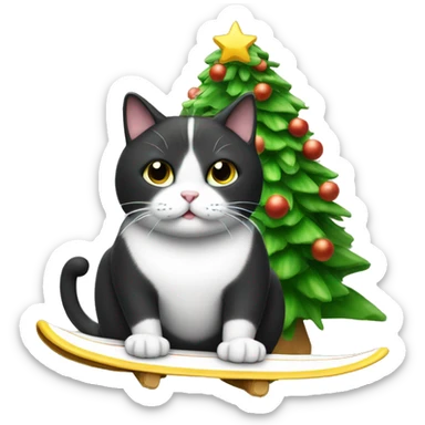 Fat Tuxedo Cat surfing a Christmas tree sticker