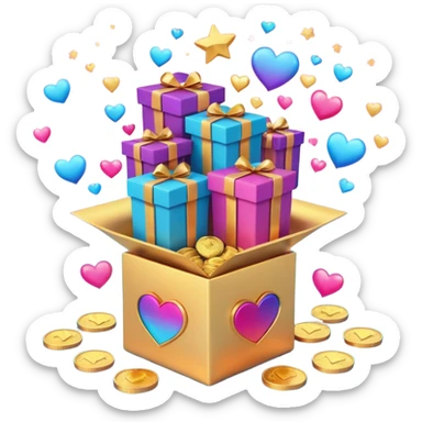 3D open gift box with Instagram logo, gold coins, hearts, stars, documents floating out, smiling human faces around, vibrant pink blue purple gradient, glossy modern style, premium marketing banner sticker