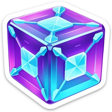 Futuristic glowing ice crystal cube, icy neon cyan highlights, purple neon accents, dark background, digital tech style. sticker