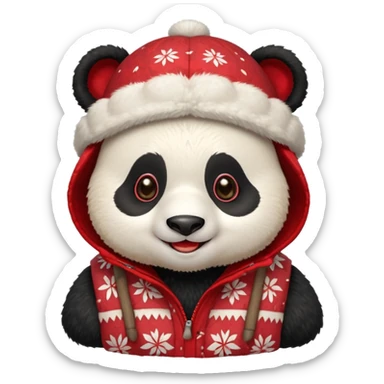 Photorealistic close-up of a cute, smiling panda wearing a red patterned winter trapper hat. Happy expression, cheerful vibe. Simple studio background. Detailed textures, sharp focus sticker