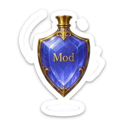 premium class crystal elixir bottle in shield shape, color #7986cb, with inscription 'Mod', lots of glow, edges, ornaments, golden details, magical effects, very small golden neck, transparent background, beautiful seamless base, bottle clearly floating in air, no base or shadow, very luxurious, modern, matching collection sticker