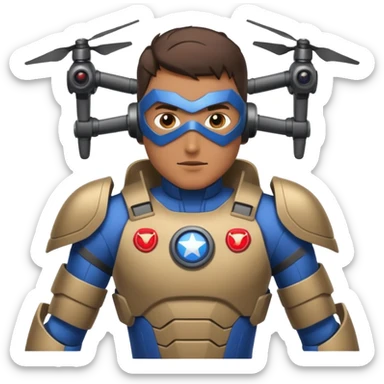 Un photographe homme high tech, une armure de terrain à la super héro. Il a des appareils photos, des caméras embarquées et un drone  sticker