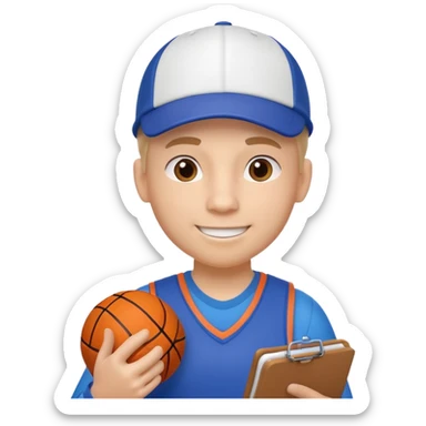 cute basketball coach portrait, head and shoulders only, whistle, cap, clipboard strap, confident smile, 3D cartoon, mobile game icon style, clean background, no text, no watermark
 sticker