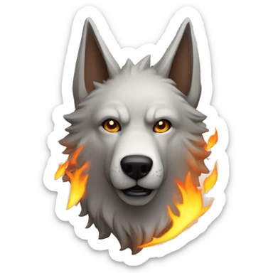 Lobo con cara de humano riendose con fuego detras sticker
