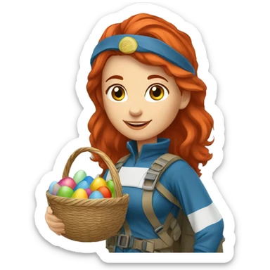 Female red hair mountaineer on mount summit holding greek flag and easter eggs basket sticker