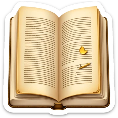 An open hardcover book with aged pages and a golden bookmark sticker