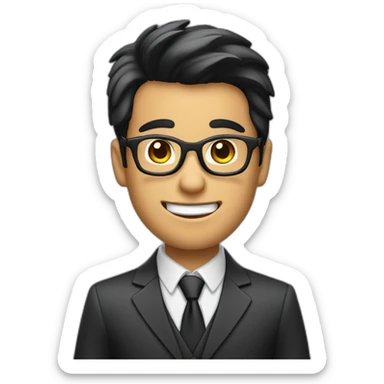 a boy with specs in business suit black hairs with lite beard and looking excited and point his hands sticker