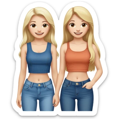 a long hair brunette pale girl and a blonde girl in jeans and crop tops smiling friends sticker