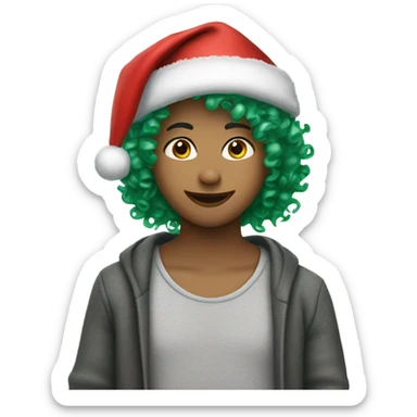 Person short curly green hair in a Santa hat  sticker