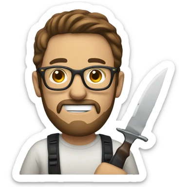 man watching stream with toy knifes in his hands. He wears glasses and have brown hair and beard sticker