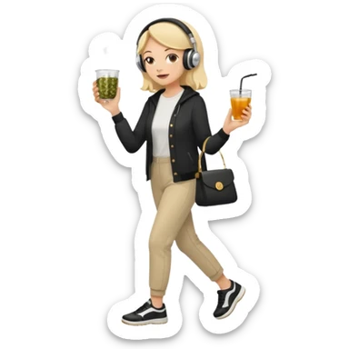 a young woman full length walks with headphones on with a caviar toast in one hand and herbal tea in the other hand sticker