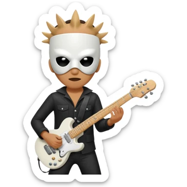 A quirky emoji-style character of a guitarist wearing a white bucket on his head, with two eye holes, a blank expression, and a small theatrical mask on the bucket. He’s holding an electric guitar, dressed in a simple black outfit, giving off a mysterious but playful rock legend vibe. sticker